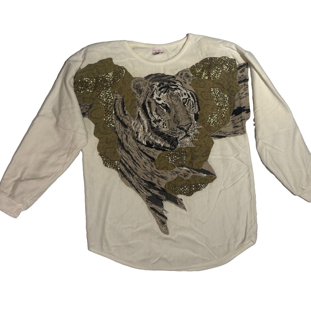 Vtg 80s White Tiger Graphic Sweatshirt Gold Glitter Art To Wear Made in USA M